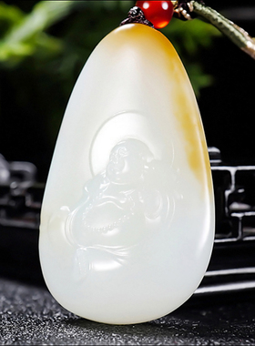 新疆和田玉且末料糖羊脂白玉笑佛挂件27.43克大师张亚龙作品