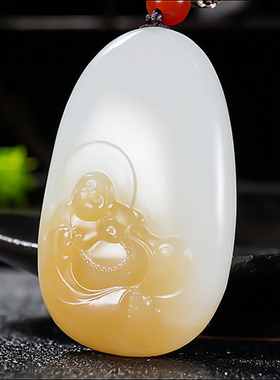 新疆大师冯立辉作品和田玉且末料糖羊脂白玉笑佛30.00克