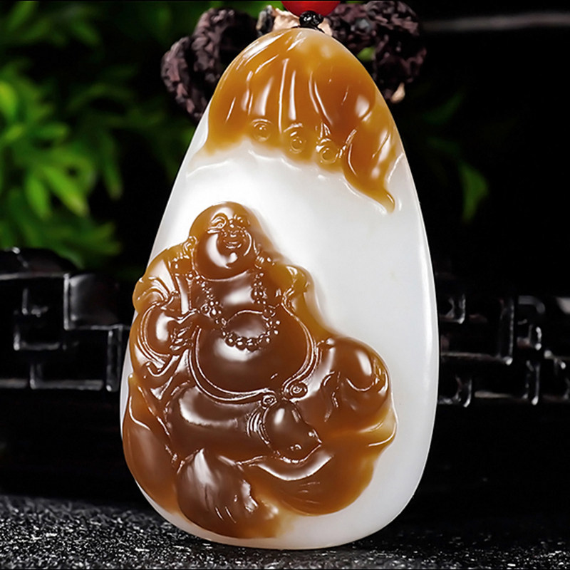 新疆大师冯立辉作品和田玉且末金山料糖羊脂白玉笑佛挂件35.50克