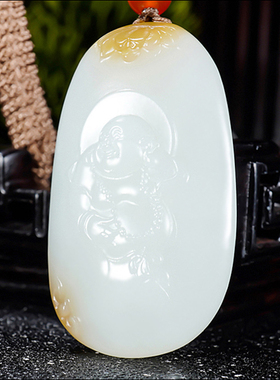 新疆大师冯立辉作品 和田玉且末料糖羊脂白玉笑佛挂件27.67克