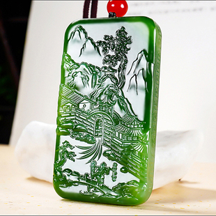 新疆大师冯立辉作品 和田玉碧玉菠菜绿景秀山河山水牌62.93克