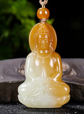 新疆大师冯立辉作品和田玉糖白玉且末金山料正装观音挂件23.55克