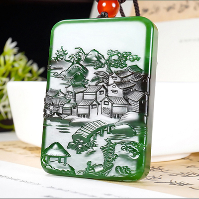 新疆大师张亚龙作品和田玉俄料阳绿7号矿红皮碧玉山水牌64.29克