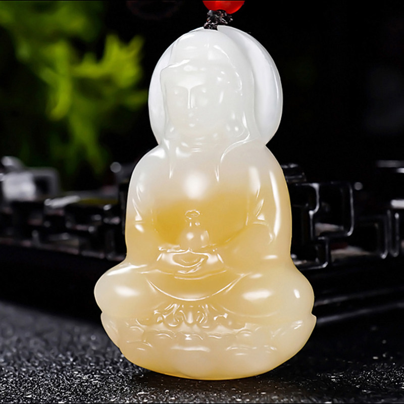 新疆冯立辉作品和田玉糖羊脂白玉且末金山料正装观音挂件25.91克