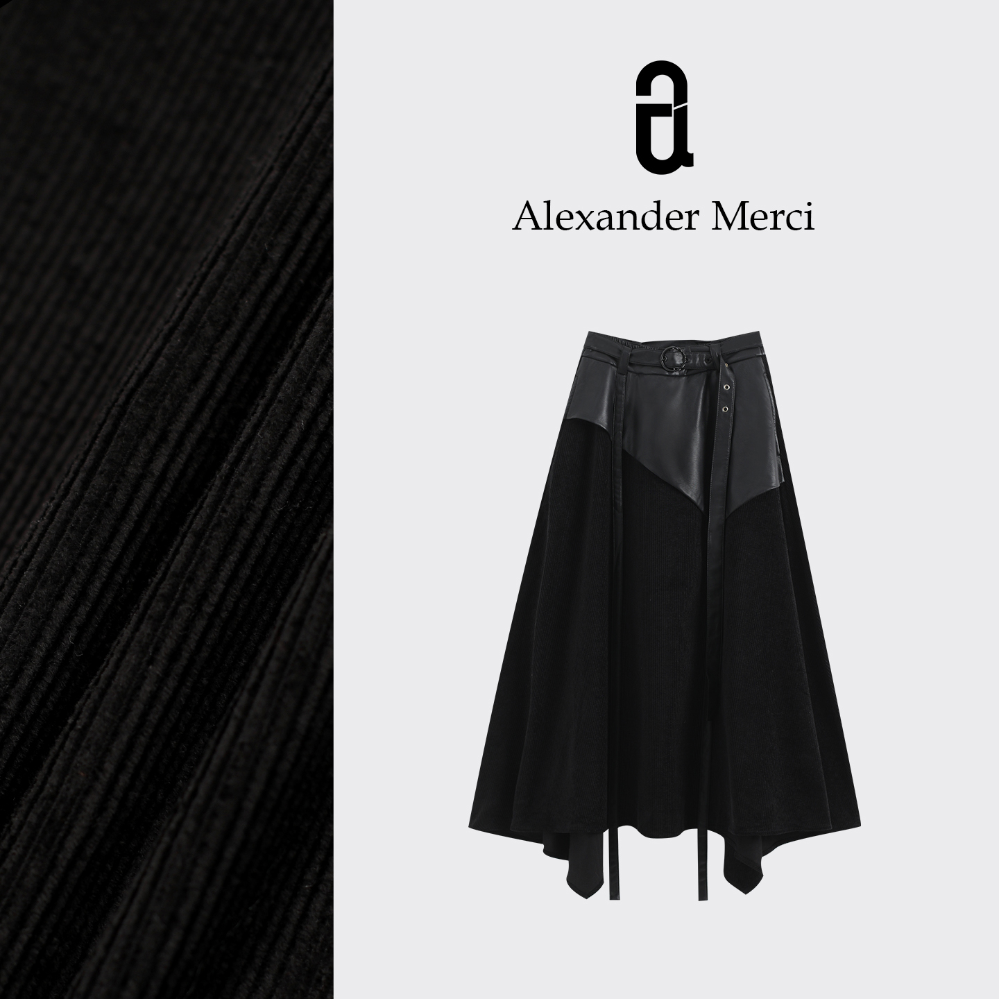 【玄夜拼章】暗黑山本风拼皮灯芯绒腰封半身裙 D25T112301