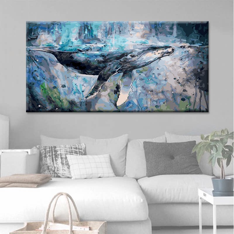 数字油画diy手绘客厅卧室大幅横版海洋动物减压油彩装饰画蓝鲸鱼