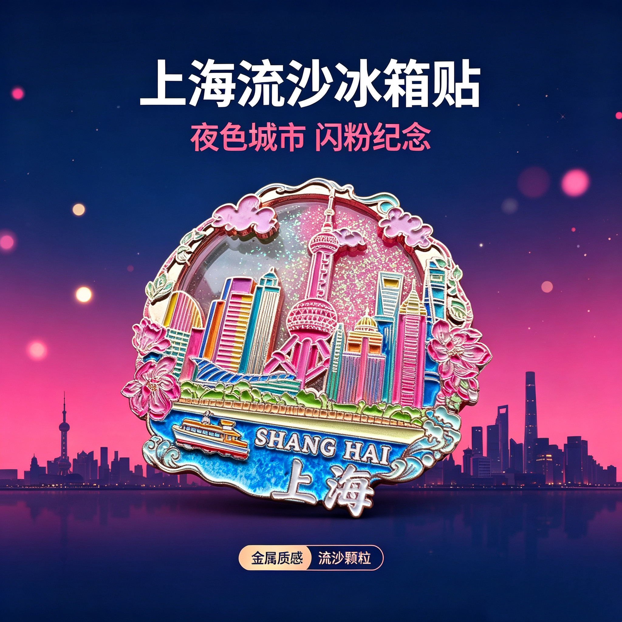 金属流沙上海花朵冰箱贴纪念品图片