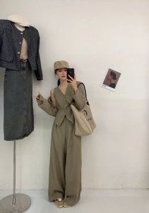 2023秋季新款女装韩版高品质三件套气质套装直筒西裤马甲外套西装