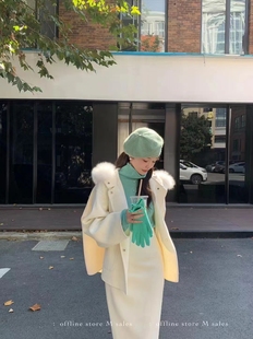 欧韩高货品质羊绒外套2023冬白色双面羊绒大衣连帽真毛领上衣女装