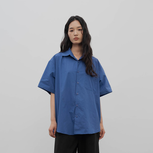 雾撞山野日系复古夏季 男女克莱因蓝简约宽松休闲纯棉衬衣 短袖 衬衫