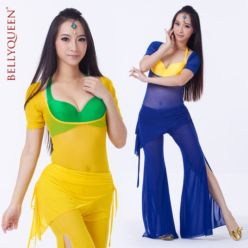 bellydance肚皮舞蹈练习演出服套装打底透明水纱托胸短袖连体套装