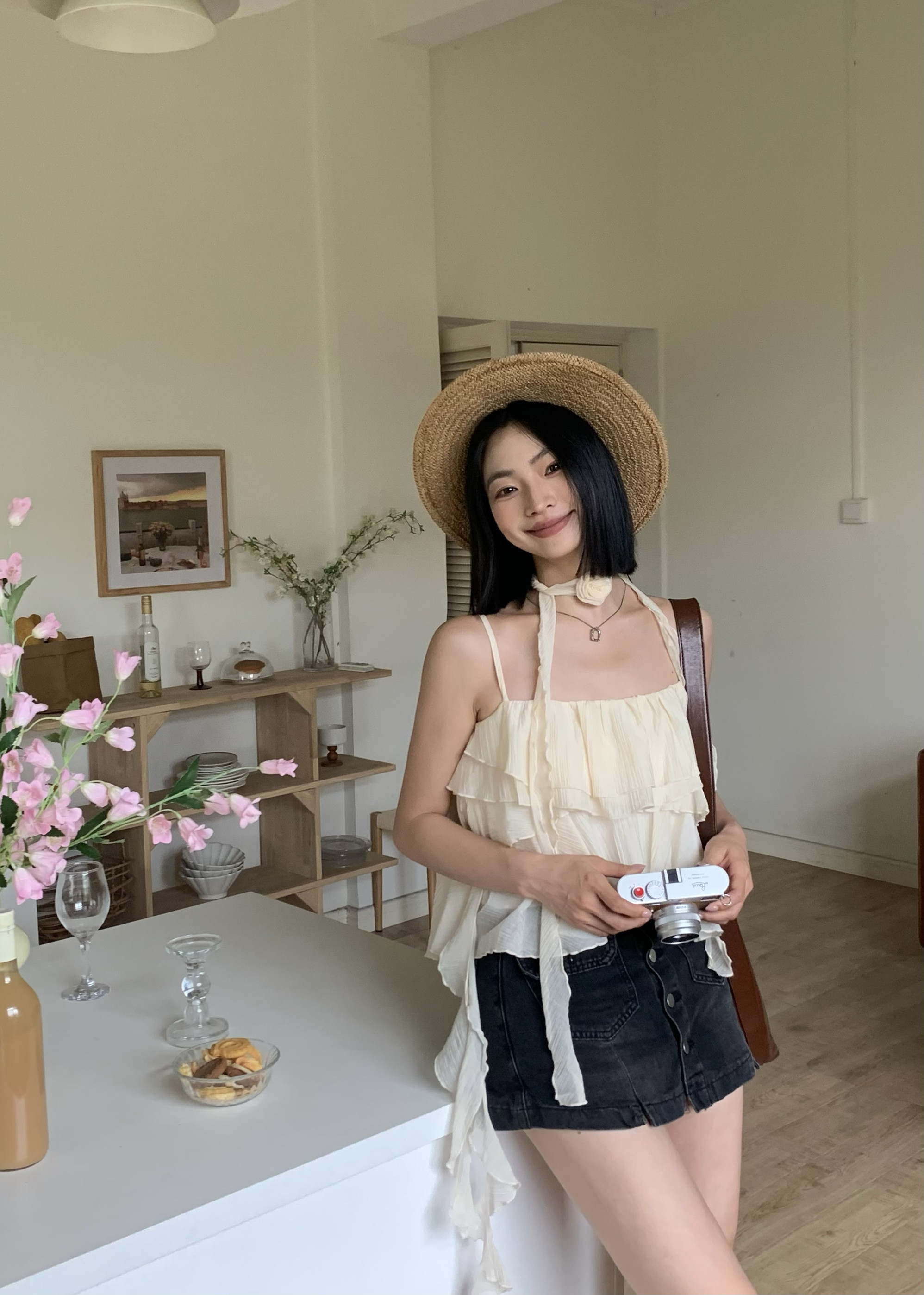 甜辣妹外穿荷叶边抹胸花朵小吊带背心女夏季天短款雪纺衫无袖上衣
