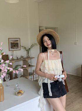 甜辣妹外穿荷叶边抹胸花朵小吊带背心女夏季天短款雪纺衫无袖上衣