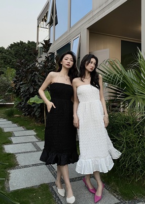 DT CLASSIC抹胸裙a字礼服裙荷叶边长裙露背法式连衣裙高级感女夏