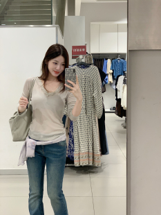 鱼没放 古早女人味蕾丝v领打底衫