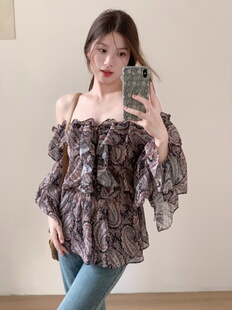 一字肩雪纺上衣 复古唯美荷叶花边袖 鱼没放 古早女人味印花雪纺衫