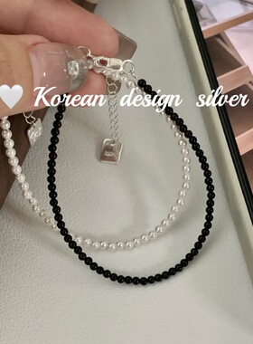 ins博主fever同款黑玛瑙手链 S925纯银简约施家珍珠手饰品 叠戴女