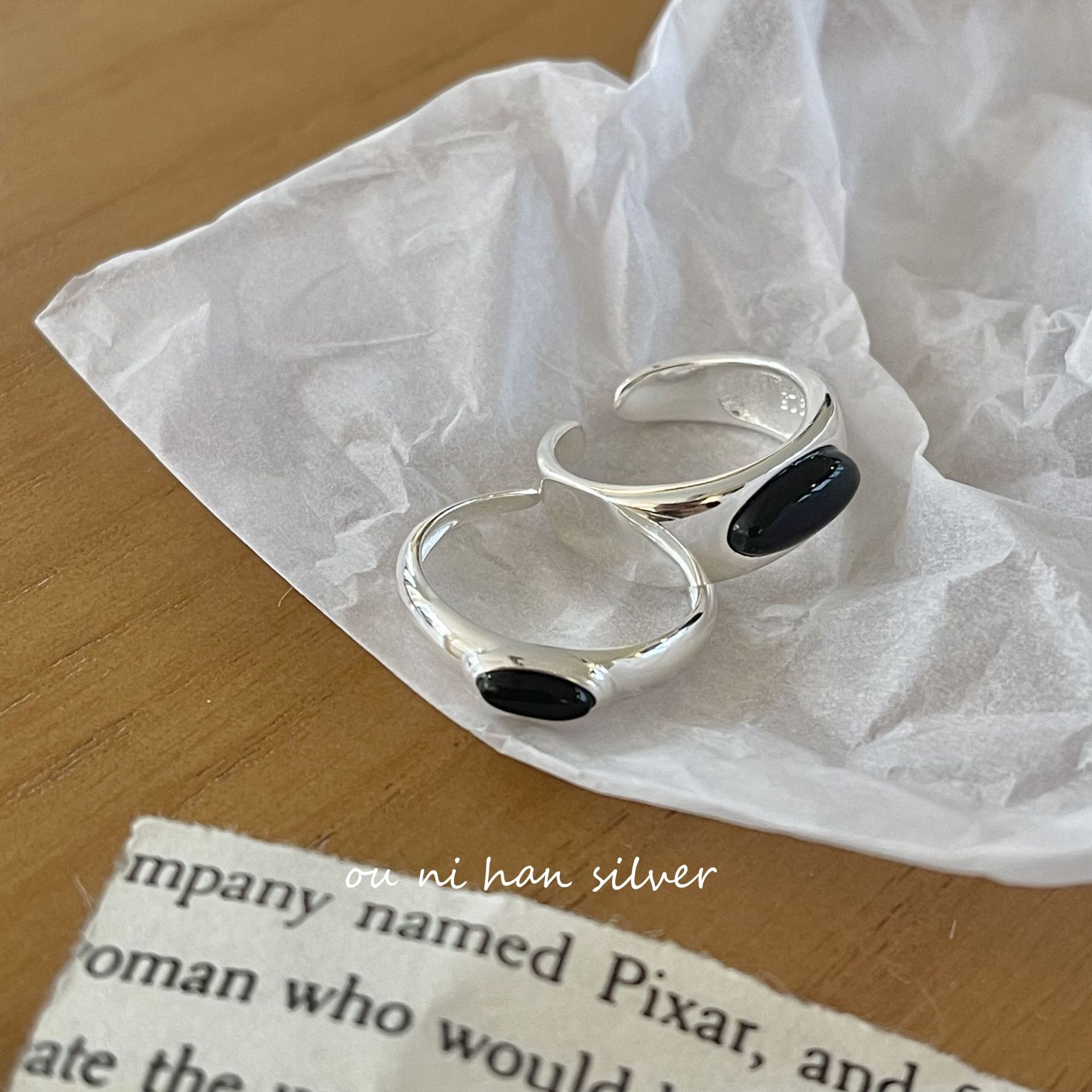 lulu 韩国博主同款S925纯银黑玛瑙戒指女ins小众设计高级感食指环