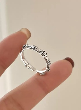 s925纯银 鸢尾花戒指女 黑暗做旧浮雕开口食指戒 朋克风创意指环