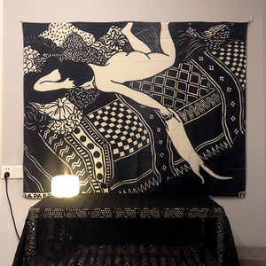 北欧INS逗猫黑白艺术墙布装饰挂布网红床头卧室宿舍壁毯背景布帘