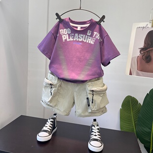 男童套装2026新款夏男孩潮帅气时髦夏装儿童短袖t恤工装裤两件套