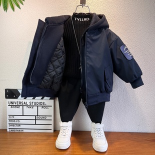 男童连帽棒球开衫外套夹棉冬装大童衣服潮宝宝小童冬季加厚夹克衫