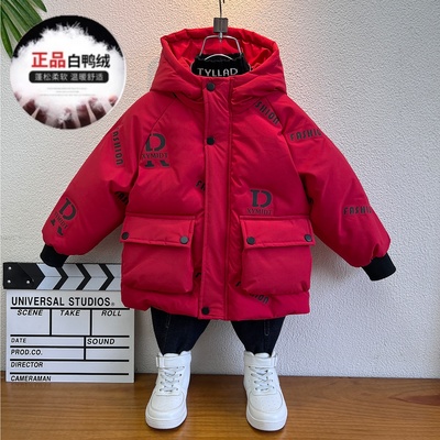 儿童羽绒服90白鸭绒冬季加厚红色过年宝宝外套2025款男童冬装棉服