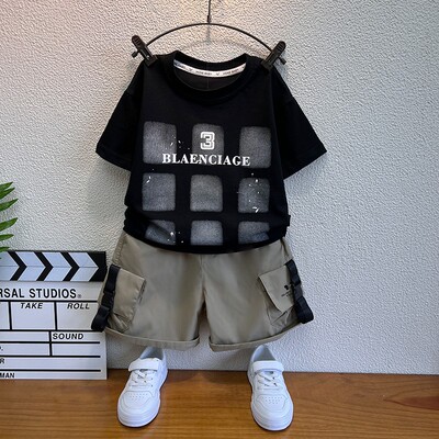 儿童夏季套装男童短袖t恤2025新款小男孩酷帅工装短裤两件套衣服