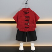 套装 儿童汉服天丝棉男童红色短袖 帅气夏季 国风日常宝宝周岁礼服男