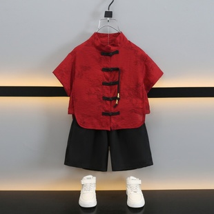 儿童汉服天丝棉男童红色短袖帅气夏季套装国风日常宝宝周岁礼服男