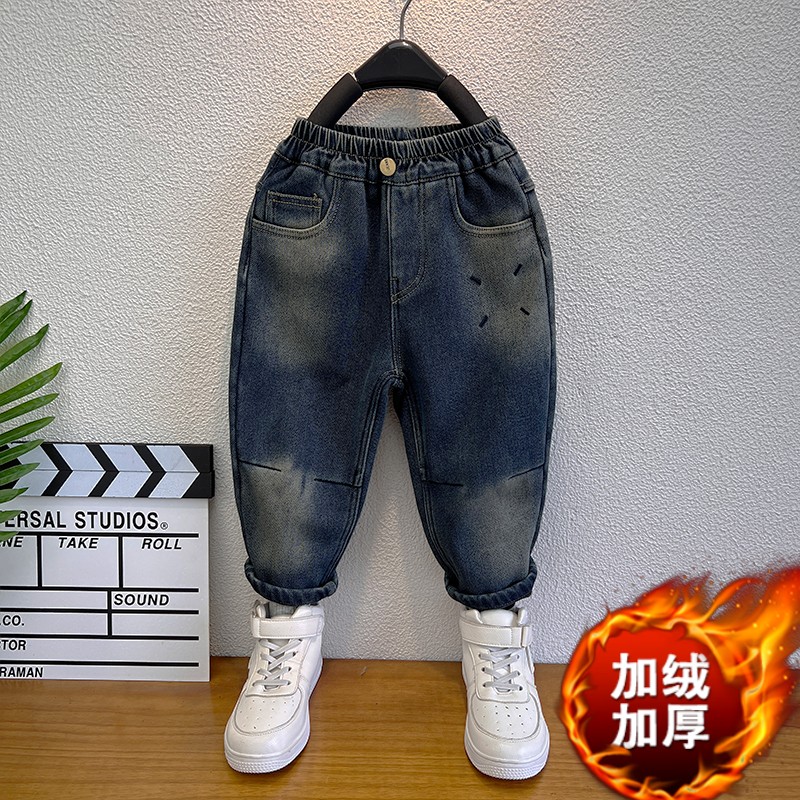 男童冬季弹力一体绒牛仔裤2024新款宝宝秋冬款裤子柔软儿童直筒裤