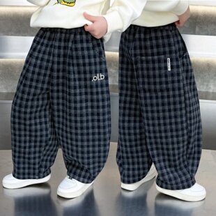 儿童裤子春装2026新款男童格子弯刀裤帅气时髦百搭宝宝春季长裤女