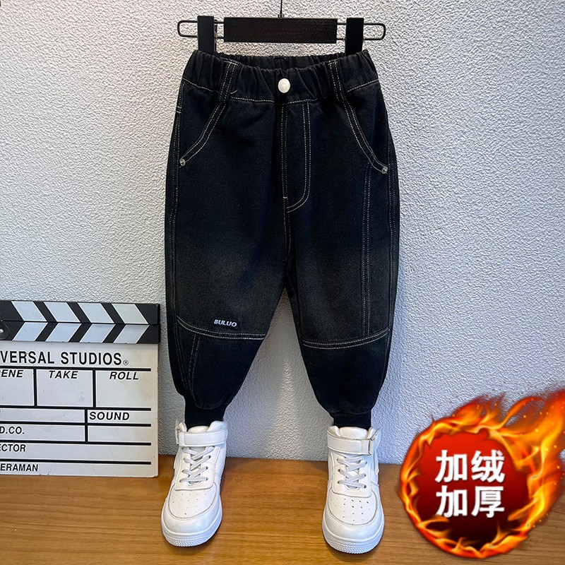 男童冬季加绒裤子洋气一体绒加厚儿童休闲裤男孩时髦牛仔裤束脚裤