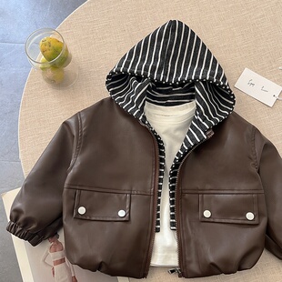 儿童酷帅上衣潮 假两件皮夹克宝宝春装 男童皮衣外套春秋款 2026新款