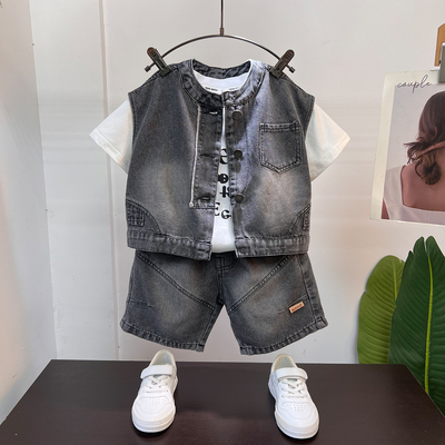 儿童夏装牛仔套装洋气男童马甲短袖三件套宝宝春夏季薄款衣服男孩