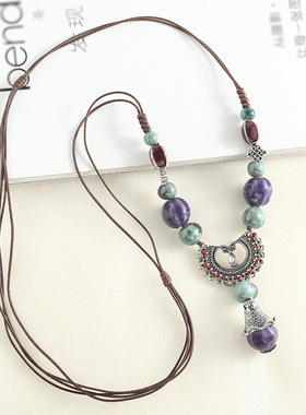 新中式国潮文艺陶瓷项链长款紫色西瓜吊坠毛衣链小众百搭古风颈链