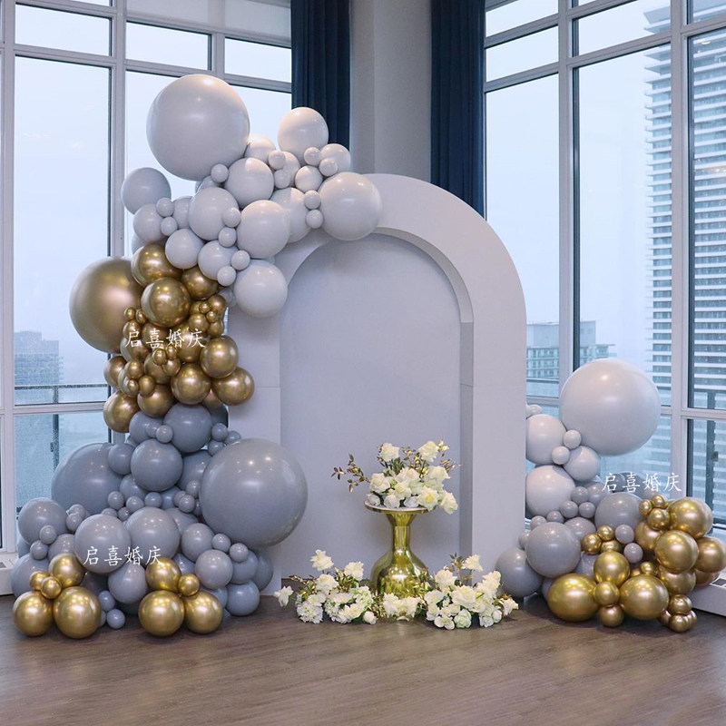 balloondecoration成人女友宝宝生日周岁布置灰金色系气球链套餐