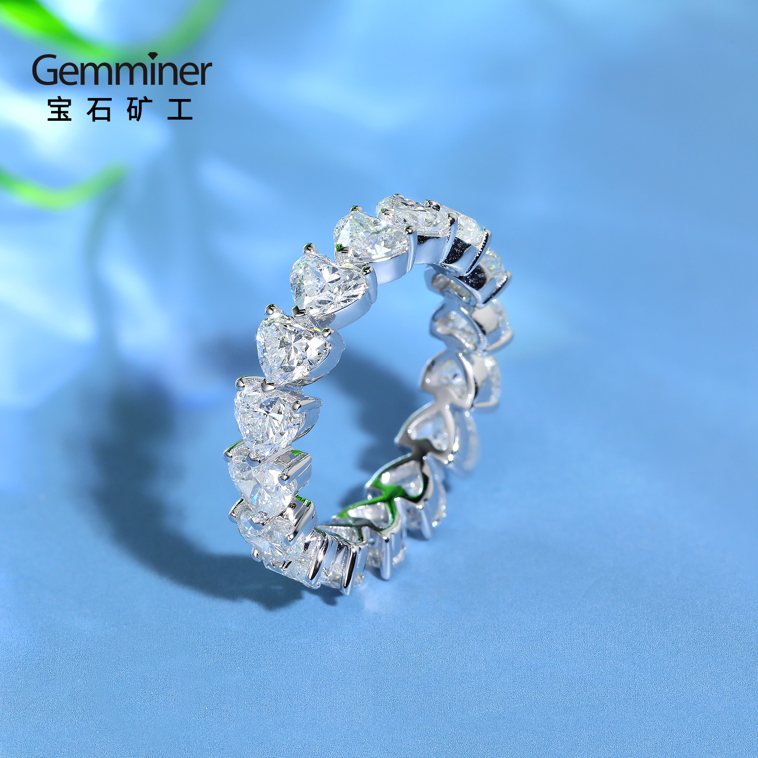 宝石矿工 18k白金心形满圈钻石戒指  镶嵌爱心真钻排戒轻奢 甜美