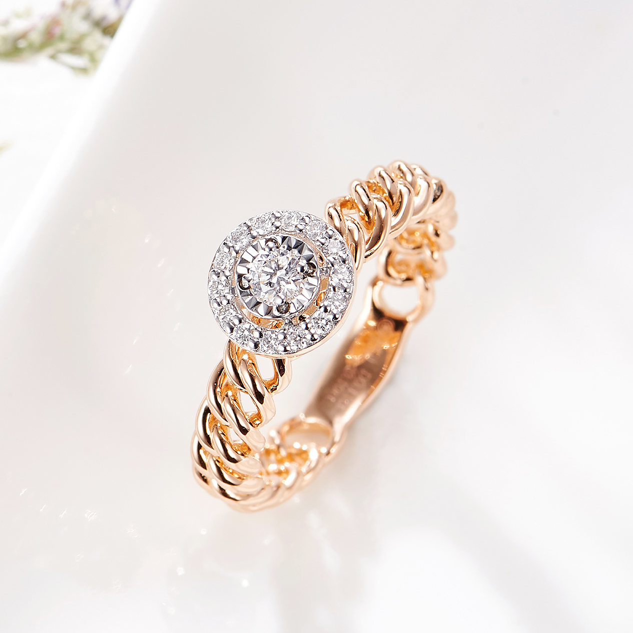 宝石矿工 18k玫瑰金链条钻石戒指 车花片显大款钻戒时尚精致女戒