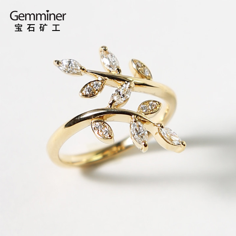 宝石矿工欧美风系列 18k黄金叶子钻石戒指 时尚马眼形钻石女戒