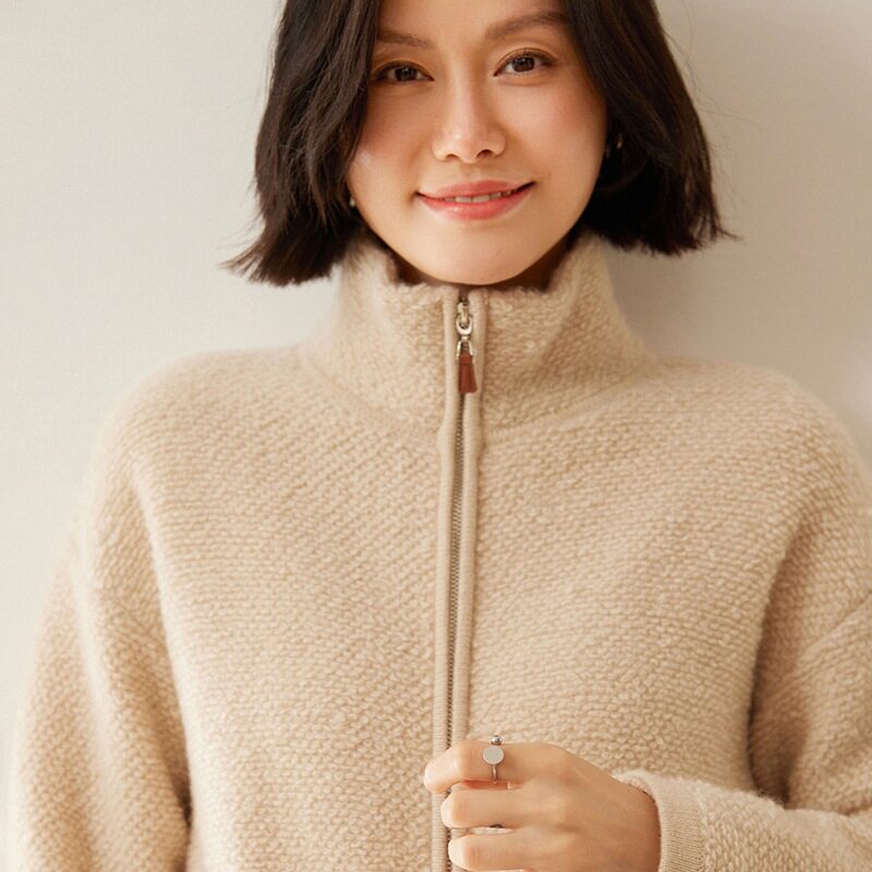 2024秋冬新品半高领开衫羊绒衫女毛巾绣毛衣针织拉链羊毛打底衫