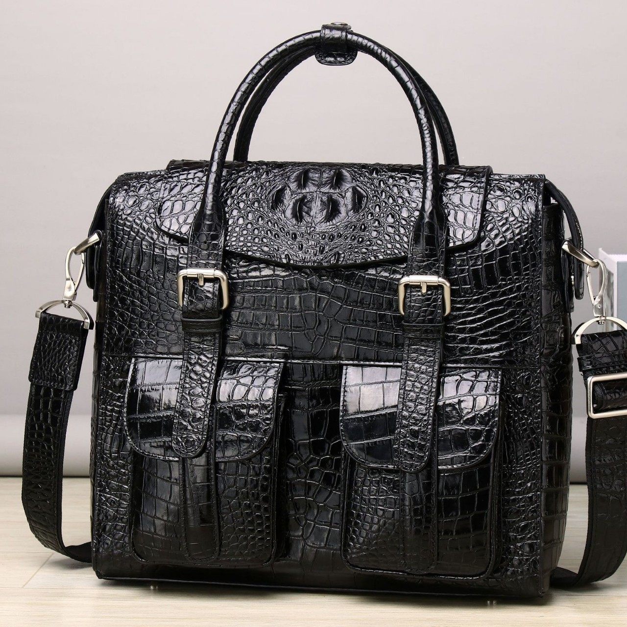 真皮立体手提包单肩包鳄鱼纹公文包大容量男士挎包商务包商务休闲