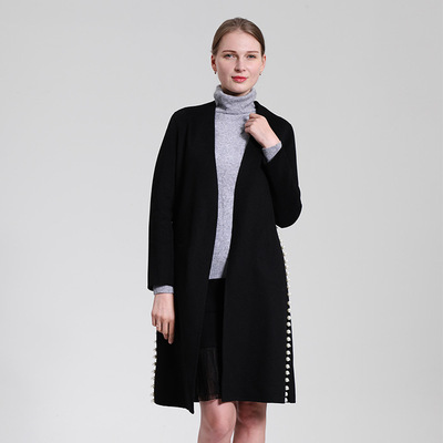 秋冬双面大衣手工订珠款羊绒女大衣黑色羊毛外套中长款女风衣生产