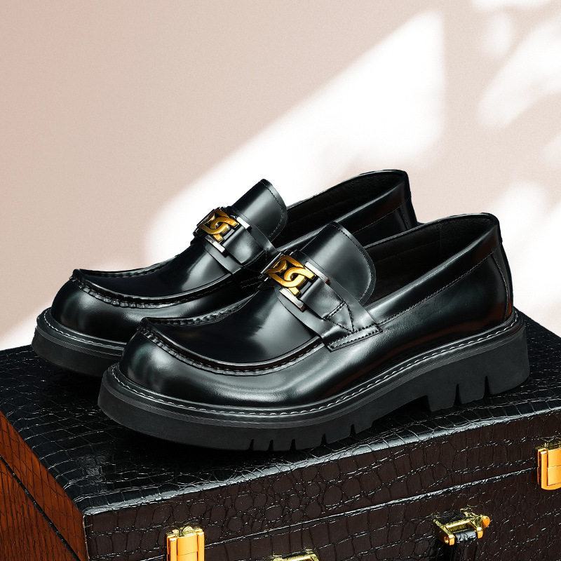 【vip】韩版休闲皮鞋男真皮牛里潮流大头宽脚厚底增高乐福鞋