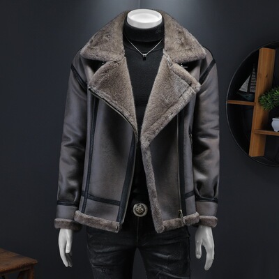 欧洲站2025年冬季新款男士高端加绒加厚皮毛一体翻领夹克休闲外套