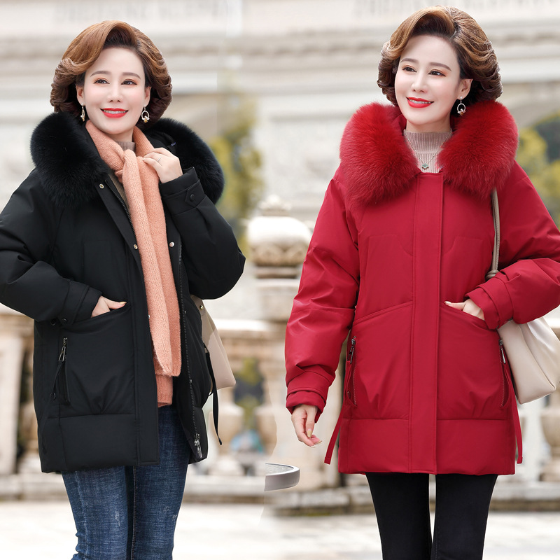 中年妈妈羽绒服女中长款2024冬新款洋气大码加厚狐狸毛领外套