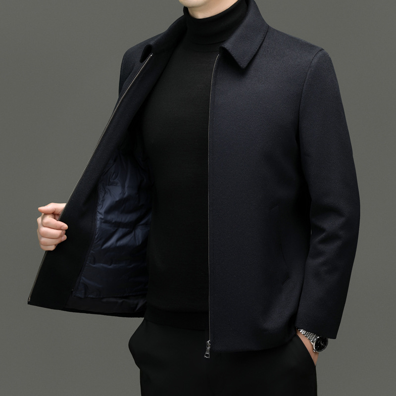 秋冬新款毛呢翻领夹克衫鹅羽绒内胆保暖高端羊绒纯色开衫休闲外套