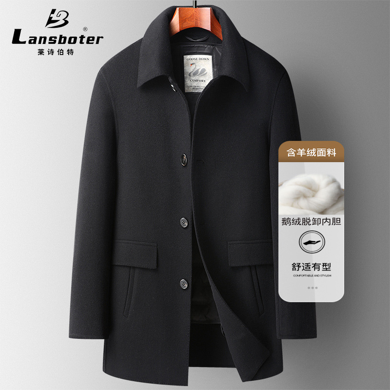 秋冬可脱卸鹅绒内胆双面羊绒大衣男士活里活面毛呢大衣中老年外套