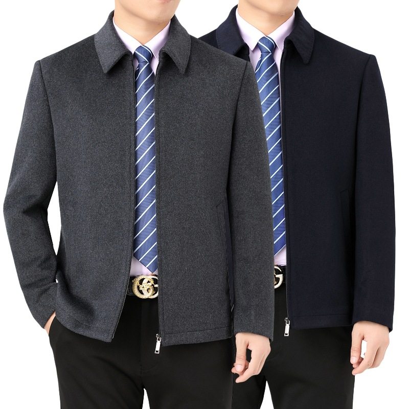 秋冬装新款男式夹克中老年男士爸爸装翻领加棉羊毛呢子茄克外套男