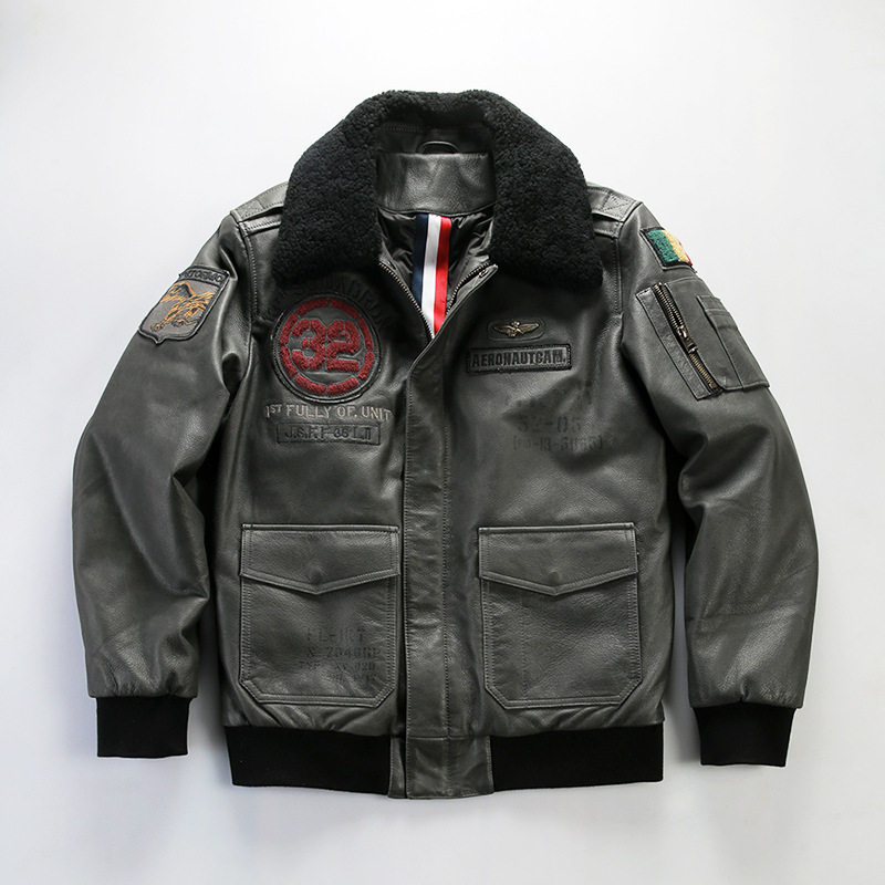 意大利水洗做旧牛皮飞行服夹克男可拆卸羊毛领羽绒服真皮皮衣